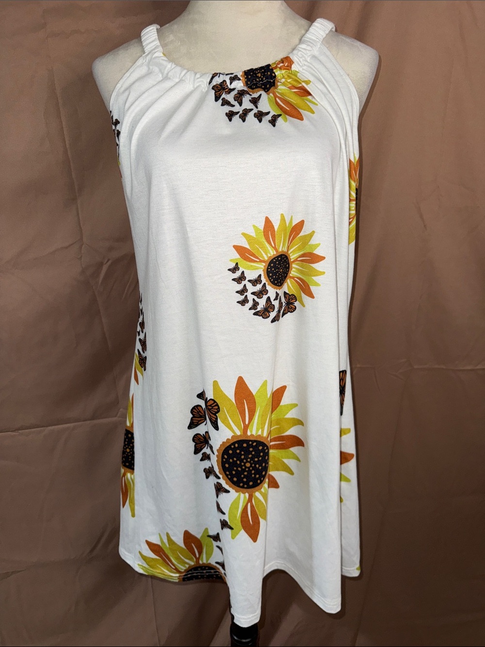 White Sunflower Midi Dress with Yellow & Orange Floral Print